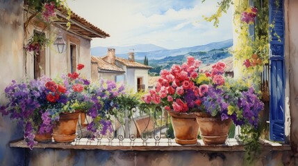 Italian window and balcony facade with flowers front view watercolor painting