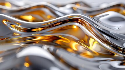 Macro shot of flowing metallic waves in gold and silver