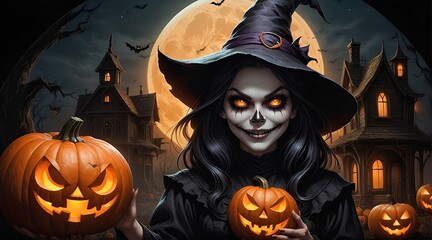 Fototapeta premium Halloween jack o lanterns and witch on various creepy background