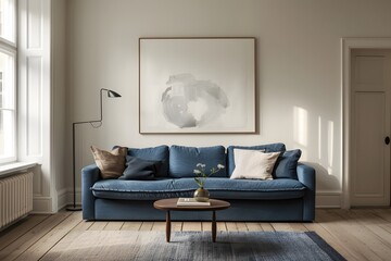 Design a serene Scandinavian living room with clean lines, neutral tones, and a sleek blue sofa for a pop of color. Create an airy, uncluttered space with empty wall mockups for personalized