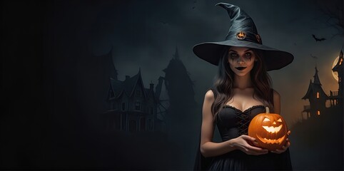 Halloween jack o lanterns and witch on various creepy background