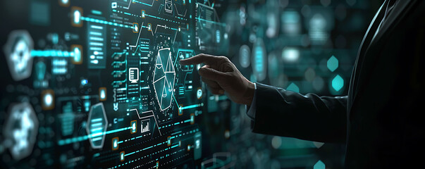 high-tech boardroom, a suited individual points at a transparent digital interface displaying the scales of justice and interconnected icons for ethics and AI