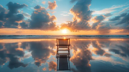A beach chair facing a large reflective tidal pool, capturing the sunrise and clouds reflected in the water, creating a perfect symmetrical image of peace and natural beauty. - Powered by Adobe