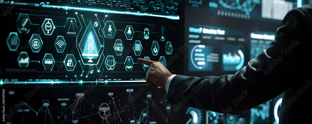 Poster high-tech boardroom, a suited individual points at a transparent digital interface displaying the scales of justice and interconnected icons for ethics and AI