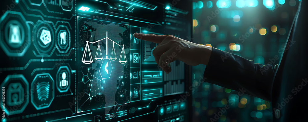 Poster high-tech boardroom, a suited individual points at a transparent digital interface displaying the scales of justice and interconnected icons for ethics and AI