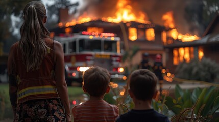 Family Watches Firefighters Battle House Fire. Seen from behind, watches their home engulfed in flames. A fire truck and firefighters in the background, working tirelessly to control the blaze.