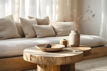 Round wooden coffee table near wooden sofa with beige pillows. Scandinavian home interior design of modern living room