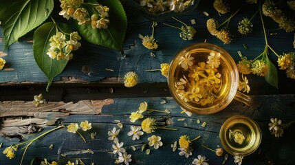 Linden herbal tea displayed on a dark wooden backdrop