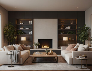 3D render of a modern living room interior, emphasizing comfort and style. Incorporate sleek furniture, a neutral color palette with pops of color, ambient lighting, tasteful d&eacute;cor