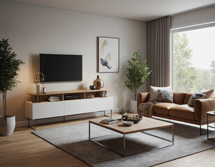 3D render of a modern living room interior, emphasizing comfort and style. Incorporate sleek furniture, a neutral color palette with pops of color, ambient lighting, tasteful décor