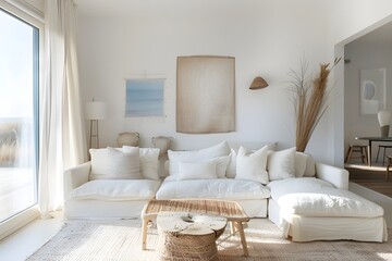 Scandinavian Coastal Retreat: serene blend of Scandinavian simplicity and coastal beauty. White sofa, sandy hues, and blue tones