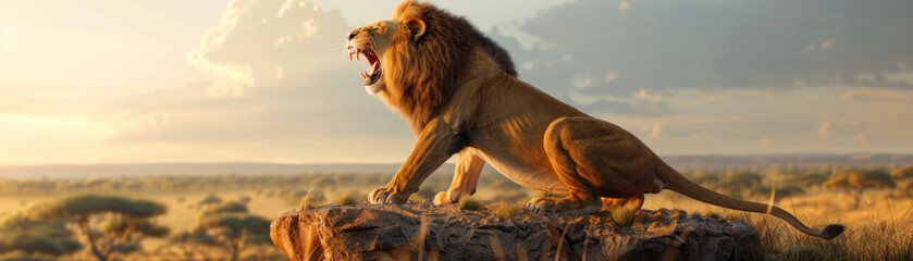 Worms-eye view of a majestic lion roaring atop a rock formation