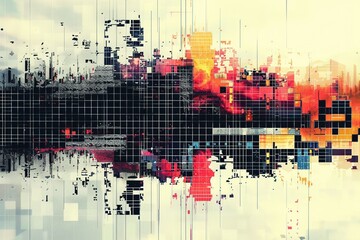 a cityscape seamlessly integrated with data streams and code symbols. The background utilizes a white, pixelated texture, and vibrant reds and oranges highlight elements like sunsets or explosions