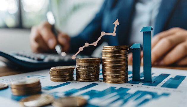 Corporate environment with stacked coins in ascending order, each featuring percentage signs and upward arrows. A business professional uses a calculator