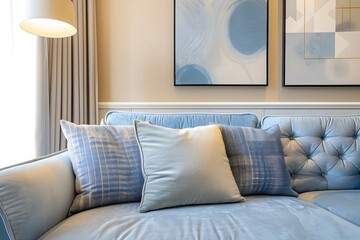 serene living space where tranquility meets modern elegance. A sleek powder-blue sofa against soft beige walls with subtle geometric wall art