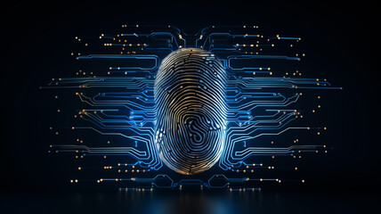 Digital fingerprint with electronic circuit lines on a dark background. Conceptual illustration. Cybersecurity and digital identity concept for design and print. Technology and data protection