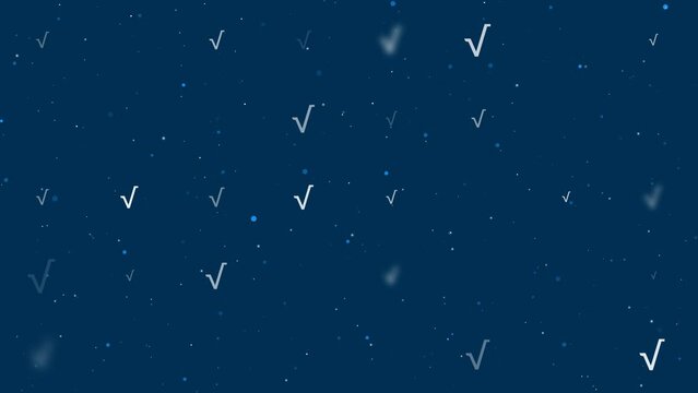 Template animation of evenly spaced square root symbols of different sizes and opacity. Animation of transparency and size. Seamless looped 4k animation on dark blue background with stars