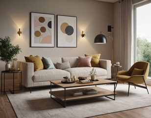 3D render of a modern living room interior, emphasizing comfort and style. Incorporate sleek furniture, a neutral color palette with pops of color, ambient lighting, tasteful décor