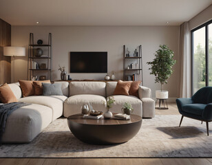 3D render of a modern living room interior, emphasizing comfort and style. Incorporate sleek furniture, a neutral color palette with pops of color, ambient lighting, tasteful décor
