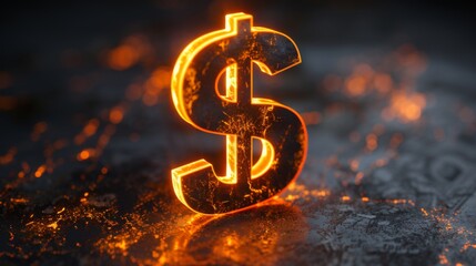 Dollar sign neon on dark background, copy space