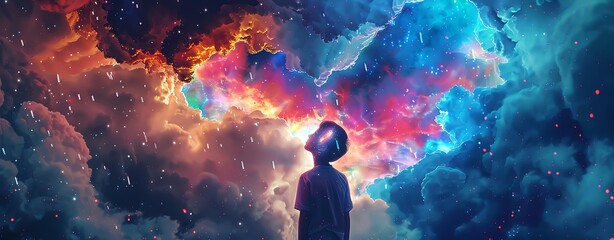 A boy is standing under the rain, looking up at colorful clouds in his head. The background of sky and stars is full of water droplets, creating an atmosphere of fantasy. A soft light illuminates him