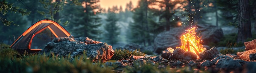 Fototapeta premium Camping fire with campfire in forest, tent and rocks in the background, summer camping trip adventure travel concept. Hiking activity near bonfires, nature landscape