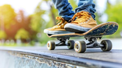 Skateboard wheel grinds rail  dynamic motion frozen, signifying summer olympic games sport concept