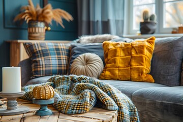 stylish boho composition at living room interior with design gray sofa, wooden coffee table, commode and elegant personal accessories. Honey yellow pillow and plaid. Cozy apartment. Home decor