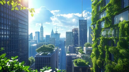 A cosmopolitan skyline transformed by AI-designed green spaces, where vertical gardens and rooftop parks flourish amidst skyscrapers. 32k, full ultra HD, high resolution