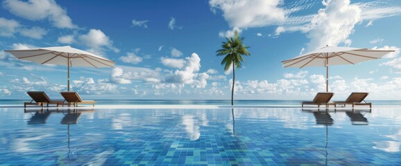 Perfect beach view. Summer holiday and vacation design. Inspirational tropical beach, palm trees and white sand