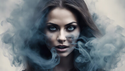 A captivating woman emerges from vivid smoke, with her expression cloaked in mystery.