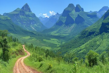 Fototapeta premium Dirt Road Cutting Through Lush Green Valley