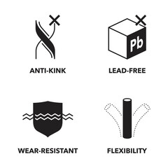 Watering hose characteristics icons set, monochrome