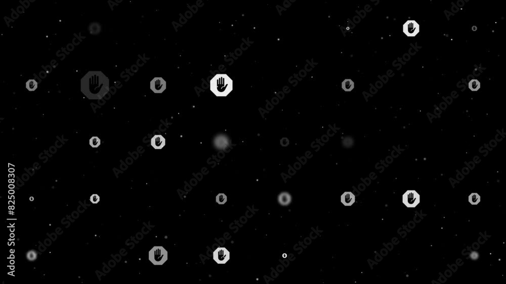 Poster template animation of evenly spaced stop hand symbols of different sizes and opacity. animation of t