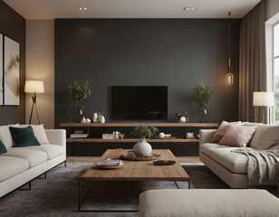 3D render of a modern living room interior, emphasizing comfort and style. Incorporate sleek furniture, a neutral color palette with pops of color, ambient lighting, tasteful décor