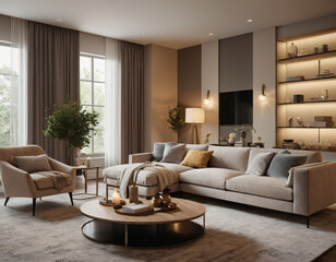 3D render of a modern living room interior, emphasizing comfort and style. Incorporate sleek furniture, a neutral color palette with pops of color, ambient lighting, tasteful décor