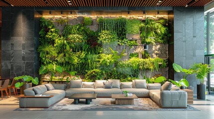 Naklejka premium Boutique hotel lobby with vertical gardens and natural stone floors.