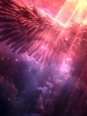 Hologram, aurora color, luminescence, fairy wings, shining rays, soft pink and purple tone background, background material