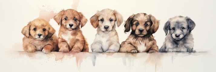 Watercolor nursery theme baby room, A group of cute puppies of different breeds sitting in a row against a white background