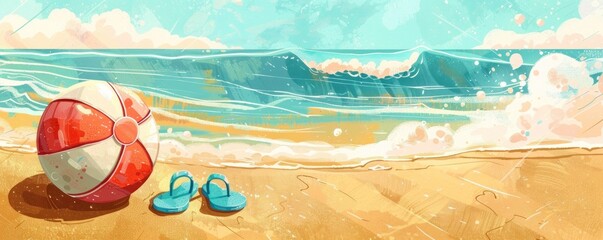 Naklejka premium Illustration of a beach ball and flip-flops on golden sand with waves in the background