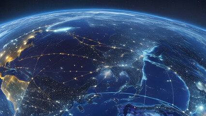 Obraz premium A blue marble planet with continents and oceans, Earth, hangs in the vast blackness of space, bathed in sunlight and watched by the moon