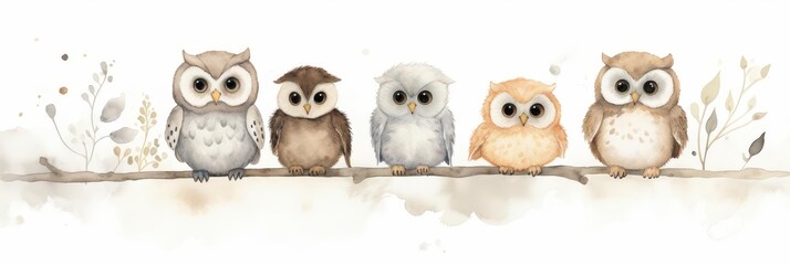 Watercolor nursery theme baby room, A row of five watercolor owls with big eyes