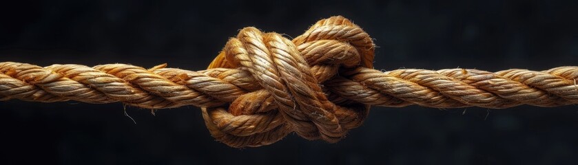 Close-up of a strong, sturdy rope knot, highlighting texture and durability against a dark background. Symbolizes strength and reliability.