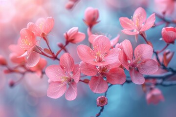 Close-up of vibrant pink cherry blossoms in full bloom against a dreamy blue background, showcasing the beauty of springtime nature.