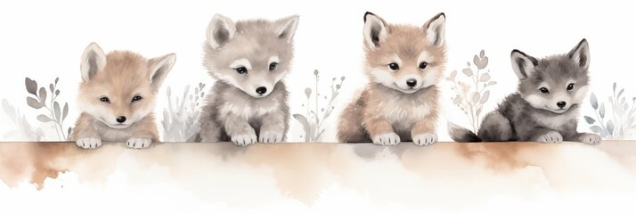 Fototapeta premium Watercolor nursery theme baby room, Cute watercolor baby animals. Little foxes.