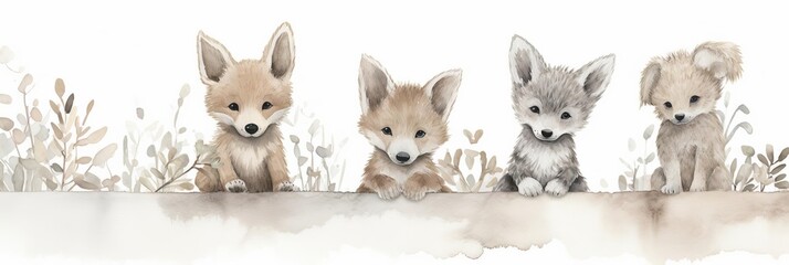 Fototapeta premium Watercolor nursery theme baby room, Cute watercolor baby animals. Little foxes in the meadow.