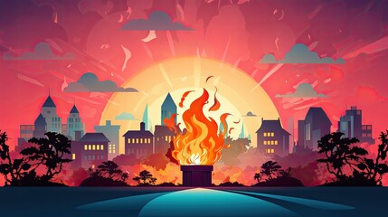 Dramatic urban sunset with a burning flame in the foreground, and cityscape silhouettes against a vibrant, colorful sky backdrop.