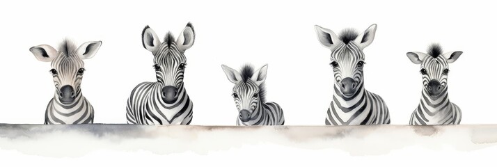Obraz premium Watercolor nursery theme baby room, Five curious zebra foals peeking over a ledge.