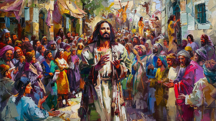 Naklejka premium A painting of Jesus performing a miracle, compassionate and serene expression, standing among a crowd