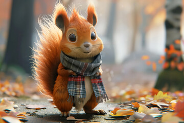 Charming 3D rendered squirrel character in a checkered scarf ready for fall